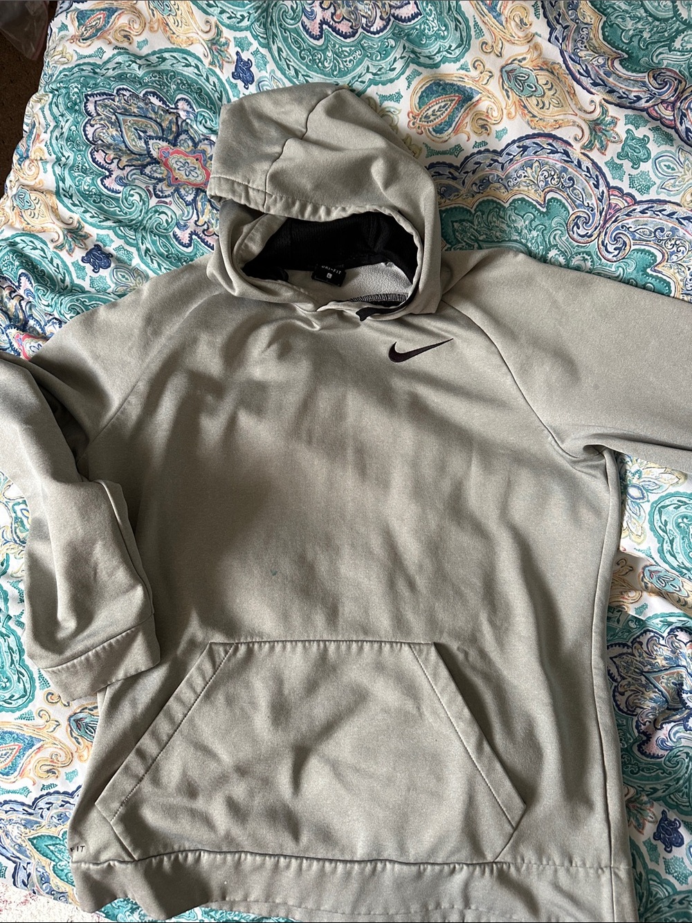 Nike Light Gray Pullover Hoodie with Black Swoosh. worn with light stains,